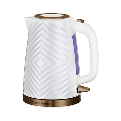 Russell Hobbs Groove Electric 1.7L Cordless Kettle (Fast Boil 3KW, White textured plastic with brushed gold accents, Removable washable anti-scale filter, Push to open lid, Perfect pour spout) 26381