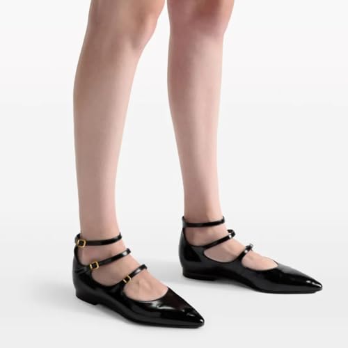 FYS Women's Pointed Toe Mary Janes Stylish Buckle Strappy Comfortable Flats Daily Outfit Street Shopping Shoes Size 4-16 US4