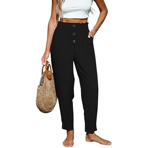 Paintcolors Womens High Waisted Work Pants Button Down Loose Comfy Straight Leg Pants Stretchy Dressy Trousers with Pockets -Black_t049 S Cover