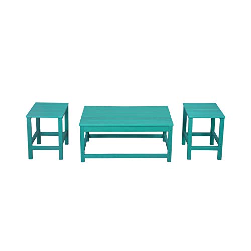 Westintrends Malibu 3-Pieces Outdoor Table Set, Includes 1 Coffee Table And 2 Side Table, All Weather Poly Lumber Adirondack Patio Furniture Set, Turquoise #TOP16