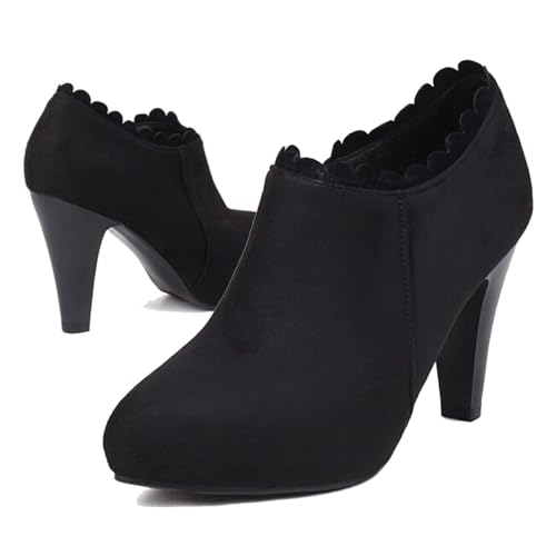 Alyaafifa High Heel Booties Pumps for Women Vintage Chunky Heel Ankle Boots with Zipper Closed Round Toe Comfortable Suede Leather Dress Shoes Office Party Event Prom