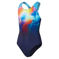 Speedo Girl's Digi Placement Splashback One Piece Swimsuit, True Navy/Picton Blue/Siren Red/Lemon Drizzle, 9-10 Years