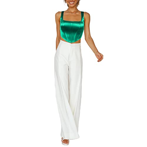 Effeltch Womens Corset Vest Satin Bustiers Cami Square Neck Sleeveless Cute Zip Back Y2K Outfits Clubwear Party Crop Tank Top (Small, Green) #TOP4