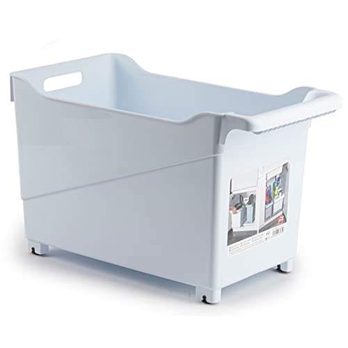 Tradineur - Carrito multiusos de plástico con ruedas y asa Nº2, cesta organizadora para productos de limpieza, baño, cocina (Blanco, 28 x 23,7 x 45 cm)