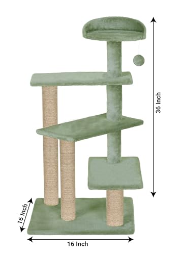 Image of Cat Tree Tower, Multi-Level, Grey, Sisal Scratching Posts, 36 Inch Height, with Perch and Hanging Toy (FURR-40) (Green)