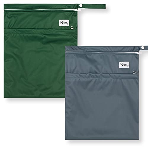Image of Nora's Nursery Wet Dry Bags with Two Zippered Pockets - Reusable and Washable Wet Bag for Swimming, Travel, Beach, Pool, Daycare, Cloth Diapers, Toiletries and Swimsuits - 11x15 - Forrest - 2 Pack