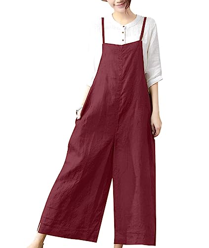 Image of YESNO Women Casual Loose Long Bib Pants Wide Leg Jumpsuits Baggy Cotton Rompers Overalls with Pockets PZZTYP2