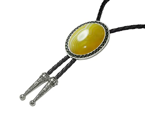 Image of Moranse Bolo Tie with Natural Tiger Eye Stone Celtic Style Genuine and Cowhide Rope