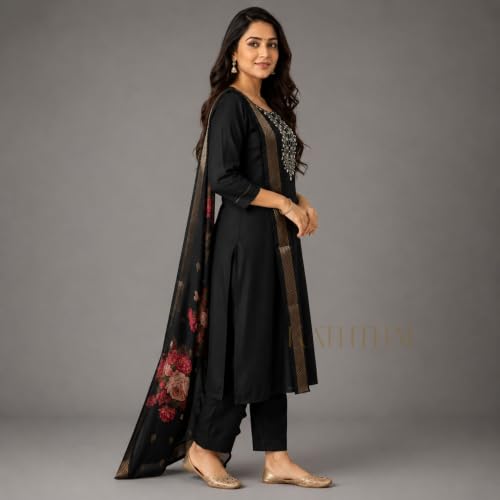Image of Kaththai Women Embroidered Kurta and Pant Set with Dupatta | Ethnic Suit Set for Women | Floral Printed Organza Dupatta | Festive, & Traditional Kurta Set