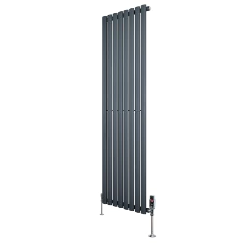 Image of Oval Single Column Radiator 1600mm x 480mm & TRV Chrome Valves Modern Designer Single Panel Central Heating Heater Black Carbon Steel Horizontal Free Cleaning Brush Fixing Kit & Brackets