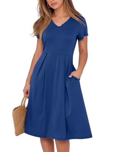 Image of ANRABESS Women Summer Dress Casual Short Sleeve V Neck A-Line Knee Length Pleated Flowy 2026 Fashion Midi Dresses with Pocket