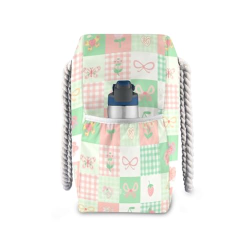 Flowers Strawberry Grid Beach Tote Bag for Women Waterproof Large Swim Pool Beach Bags with Zipper Travel Tote Bags Carry On Bag for Grocery Vacation Essentials Yoga Nurse Gym3