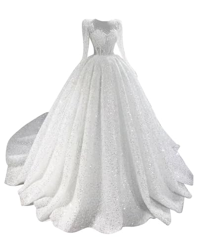 MiwiNovia Women's Long Sleeve White Wedding Dresses for Bride Lace Sequin Beading Tulle Bridal Dresses with Train Ruffles A Line Ball Gowns Size 0 W29