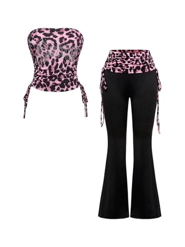 Image of RoseSeek Women's 2 Piece Outfits Rhinestone Leopard Tube Tops & Side Drawstring Bell Bottoms Y2k Outfit