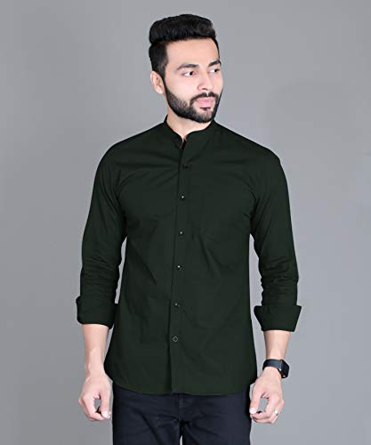 Image of Fifth Anfold Men's Pure Cotton Solid Color Mandarin Collar Full Sleeve Casual Wear Shirt, Office Wear for Men