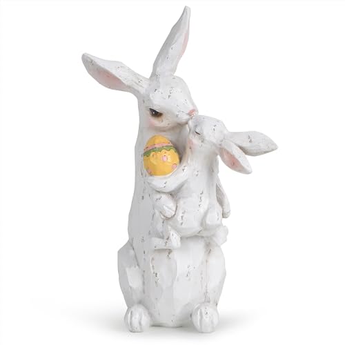 Hodao Easter Bunny Decorations Handmade Wooden Art Love White Mother and Kid Rabbit with Easter Egg Decor Family Home Decor Gifts Spring Indoor Holiday Figurines Ornaments (White Yellow)