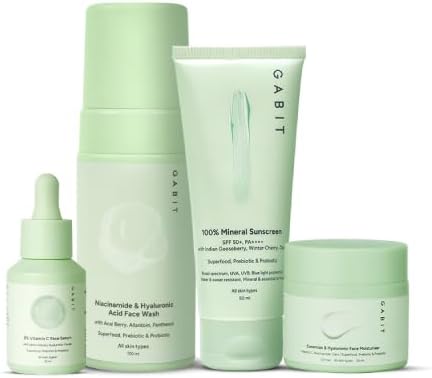 Skincare Gamechangers Kit | Contains Niacinamide & Hyaluronic Facewash, 8% Vitamin C Serum, Ceramide & Hyaluronic Moisturizer, 100% Mineral Sunscreen |For Men & Women |For All Skin Types, 230 m
