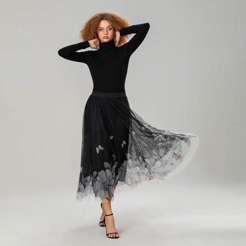 Women's Double Layered Mesh Midi Skirt High Waist Floral Butterfly Print Tulle Midi Dress Mesh Pleated A-Line Skirt3