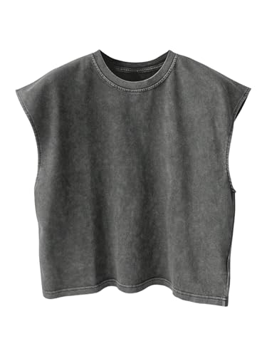 RoseSeek Men's Summer Washed Tank Tops Crewneck Cap Sleeve Top Vintage Muscle T Shirts Dark Grey Medium