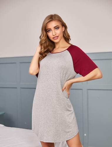 Ekouaer; koszule nocne damskie; miękkie, lekkie, krótki rękaw; okrągły dekolt; koszule nocne; odzież do domu; S-XXL, 1 czerwone wino, M