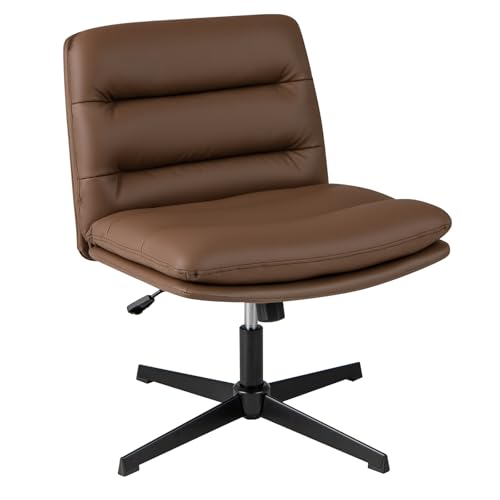 COSTWAY Silla Escritorio sin Ruedas y Reposabrazos, 88cm Silla Oficina Giratoria con Cojines, Silla Ergonómica con Asiento Acolchonado, Ajustable de Altura, para Dormitorio y Estudio (Marrón)