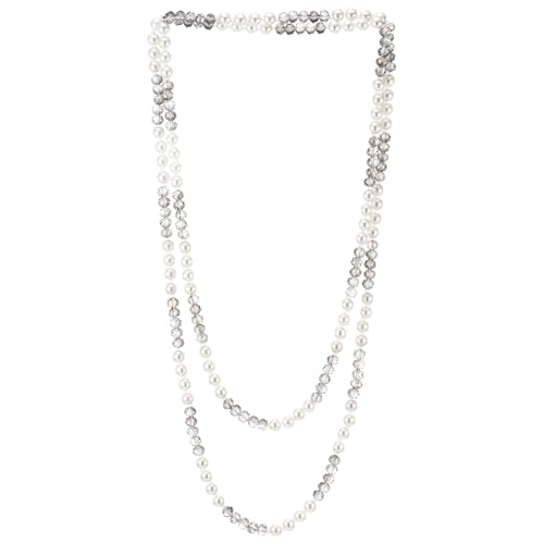 COOLSTEELANDBEYOND Muy Largo Perla Statement Declaración Collar Blanco Perla y Gris Cristal Cuentas Capas Collar, Vestir Fiesta