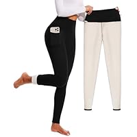 FULLSOFT Fleece Lined Leggings for Women – Thick High Waisted Winter Warm Yoga Pants Workout Tummy Control Thermal Warm Leggings with Pockets(White,Large)