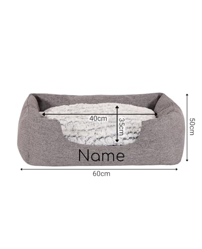 lionto Hundekörbchen mit flauschigem Wendekissen, kuscheliges Heimtierbett in meliertem Design mit tiefem Einstieg für Hunde & Katzen Aller Größen, 60x50 cm, weiches Hundebett, grau (Namensaufdruck)