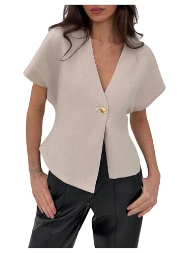 Verdusa Women's Dolman Short Sleeve Blazer V Neck Button Front Work Business Jackets