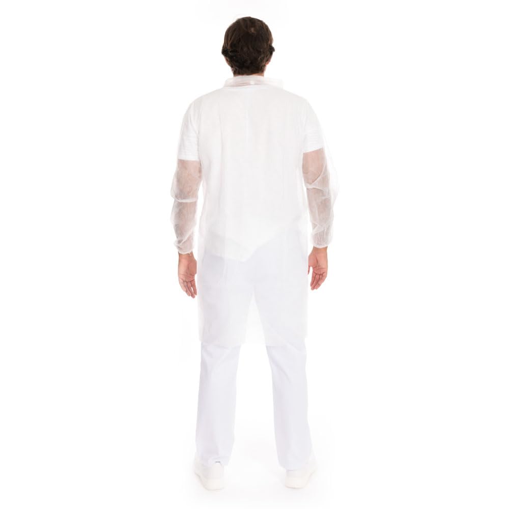 FRANZ MENSCH 100 Stück, Besucherkittel, Gr. XL, weiß, PP, Eco, Druckknöpfe | Eco, Einwegkittel, Vlieskittel, lebensmittelecht, mit Hemdkragen, visitor coat, Hygienebekleidung, Lebensmittelindustrie