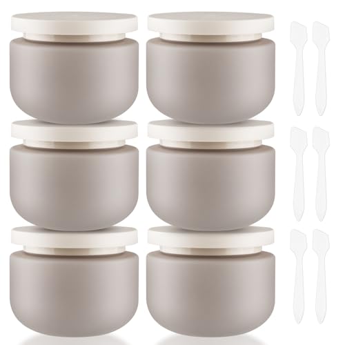 6 Pcs 250ml/8oz Matte Grey Plastic Cream Jars with 6 Spatulas Empty Refillable Facial Scrub Bottles Travel Size Cosmetic Containers for Powders Lotion Pills Jewelry Toiletries