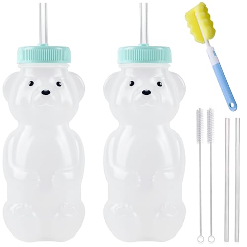 Honey Bear Straw Cups Juice Bear Bottle Drinking Cup Long Straws with 4 Flexible Straws & Cleaning Tools 8-Ounce Therapy Sippy Bottles for Speech and Feeding Training Food-Grade & BPA Free 2 Pack