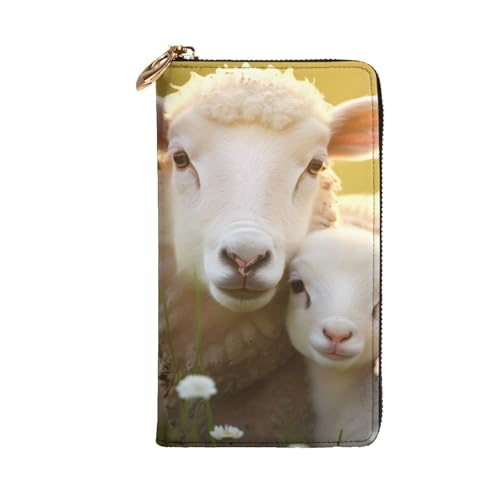 Cute Sheep with Mother Picture Leather Long Clutch Wallet for Fashionable Girls and Women - Durable, Stylish, and Functional, Black, One Size2