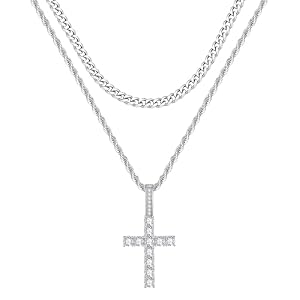 Fiusem Layered Cross Necklace for Men, Silver Tone/14K Gold Plated Mens Necklace Chain with Cubic Zirconia Cross Pendant, Stainless Steel Cuban and Rope Chain
