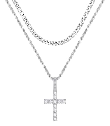 Fiusem Layered Cross Necklace for Men, Silver Tone Mens Necklace Chain with Cubic Zirconia Cross Pendant, Stainless Steel Cuban and Rope Chain 18/20'