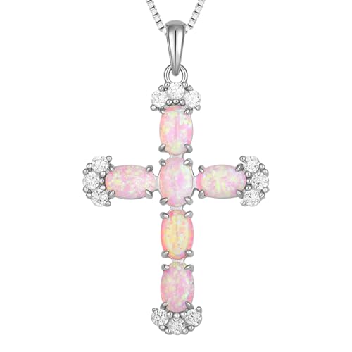 STARCHENIE Sterling Silver Created Opal Cross Necklace for Women Crucifix Pendant Religious Jewelry Gift, 18 Inch Chain