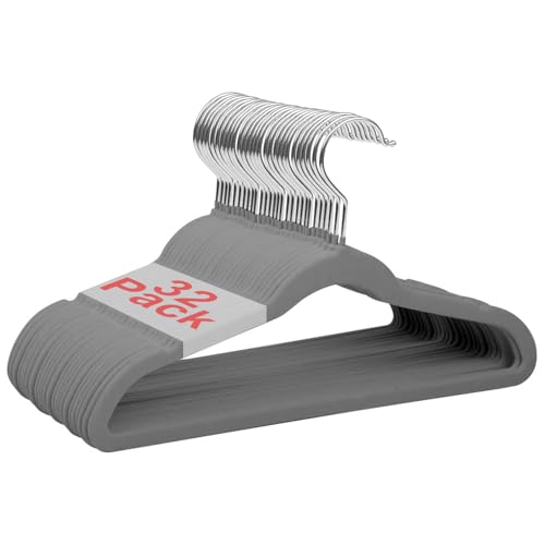 Wellong Grucce in velluto per bambini, 35 cm, antiscivolo, per camicie, pantaloni, gonne, abiti, giacche, cappotti, confezione da 32 pezzi, grigio