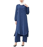 Women's Muslim 2 Pieces Sets Long Sleeve Button Down Shirt and Pants Abaya Casual Dress Dubai Out...