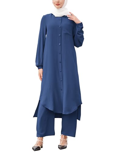 Image of IDOPIP Abaya Dress for Women Muslim Set Long Sleeve Chiffon Islamic Dress Shirt with Pants 2PCS Dubai Prayer Casual Clothes