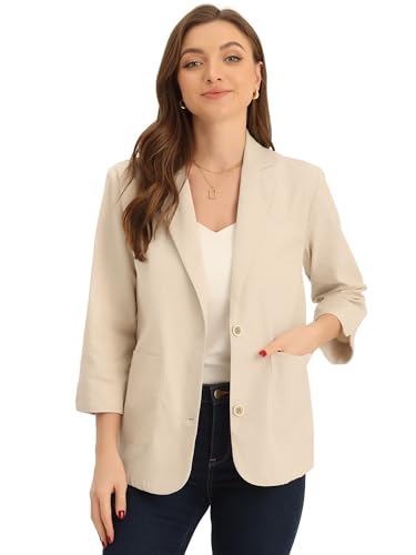 Allegra K Linen Blazer for Women's Cotton Notched Lapel Collar 3/4 Sleeve Office Work Suit Jacket