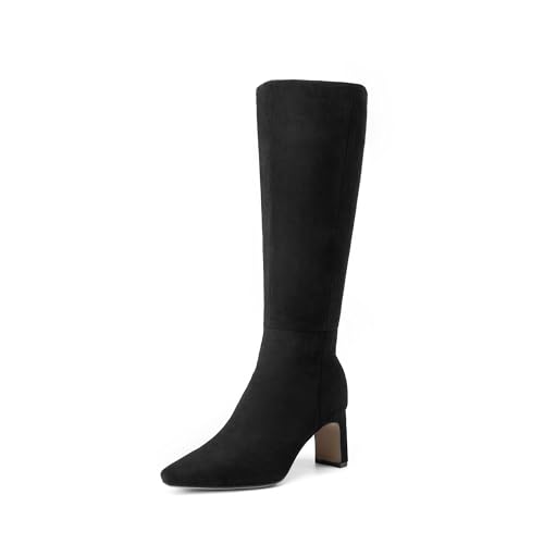 DREAM PAIRS Knee High Boots Women Chunky Block Heel Square Toe Side Zipper Tall Boots for Women 8 Black-suede