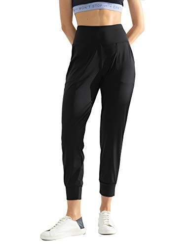 AJISAI Women's High Waisted Joggers with Pockets Yoga Pants for Running Lounge Black M