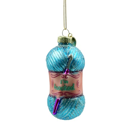 Handmade Holiday Decoration for Crocheter & Yarn Lovers, “I’m Hooked” Glittery Yarn Ball Glass Blown Ornament for Christmas Tree