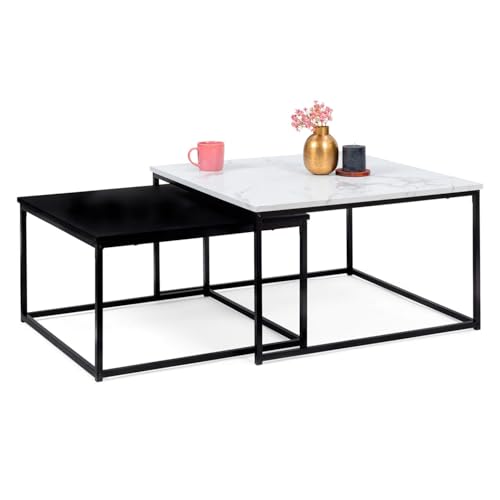 IDMarket - Lot de 2 Tables Basses gigognes Alaska carrées 60/70 Effet marbre et Noir Pieds métal