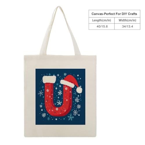 Canvas Tote Bags Letter T with Santa Hat Snowflakes Reusable Shoulder Tote Bag Alphabet Decorative Gifts for Women Mother2