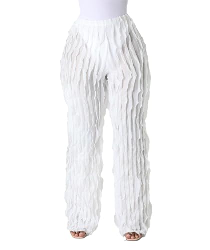 Sexyshine Women's Flowy Ruffle Pants Elastic High Waist Wide Straight Leg Trousers Ruched Sheer See Through Cover Up Pants