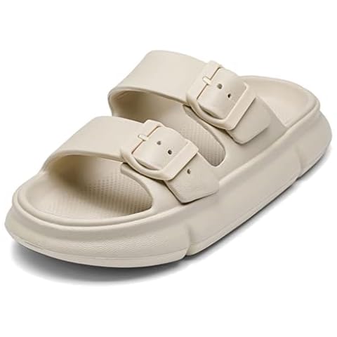 HSQMA Women's Men Slides-Sandals Double Buckle Slip On-Summer-Slippers Adjustable EVA-Sandals Waterproof Swim Pool Bath Shower Shoes for Women Comfortable Non Slip (Color : Khaki, Size : EUR37-38) Cover
