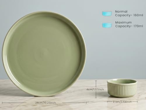 Image of Bodhi House 14-Piece Ribbed Porcelain Dinner Set for 6, 6 Dinner Plates, 6 Katori & 2 Serving Bowls, Chip Resistant, Lightweight Microwave & Dishwasher Safe Crockery Set for Home & Gifting, Tea Green
