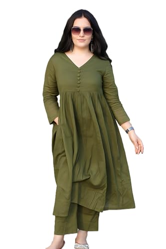Image of ANILINE Women's V-Neck, Button Front, three-quarter sleeves, Anarkali shape, Empire Waist, Pleated Design Kurta With Pant