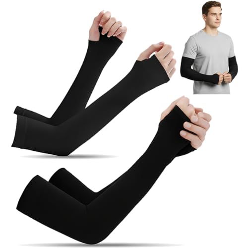 Image of Allextreme Full Arm Sleeves with Thumb Holes for Riders UV Sun Protection 4-Way Stretch Cooling Hand Cover for Men & Women Biking Hiking Cycling Running Protective Bike Riding Gear (Black, 2 Pair)
